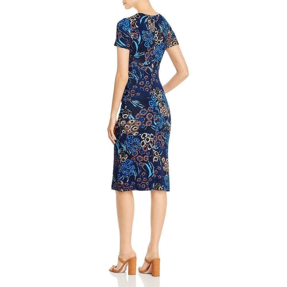 BOSS Hugo Boss Blue Multicolor Floral Midi Wrap Dress V-Neck Short Sleeve Sz M - Picture 2 of 11